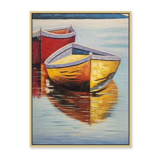 Two Boats - Stunning, Textural Palette Knife Painting of a Red and Yellow Boat in a Lake, finished with an Oak Coloured Shadow Frame - AC723-100x130