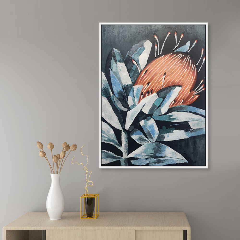 Protea on Black - Stunning Stylized Depiction of a Protea Flower, Size 90x120cm and Finished with a White Frame