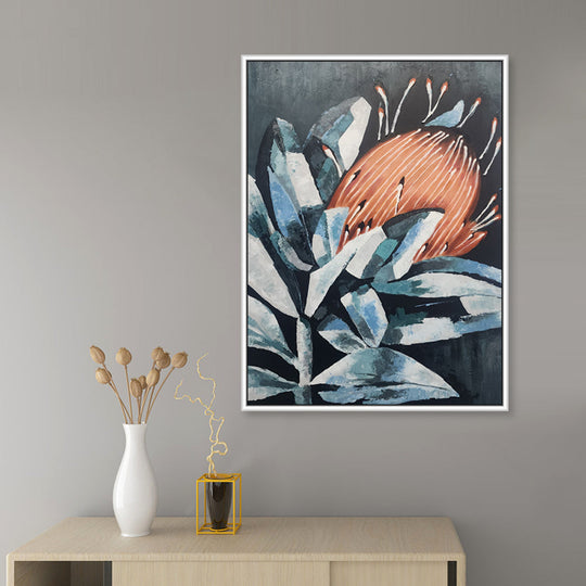 Protea on Black - Stunning Stylized Depiction of a Protea Flower, Size 90x120cm and Finished with a White Frame