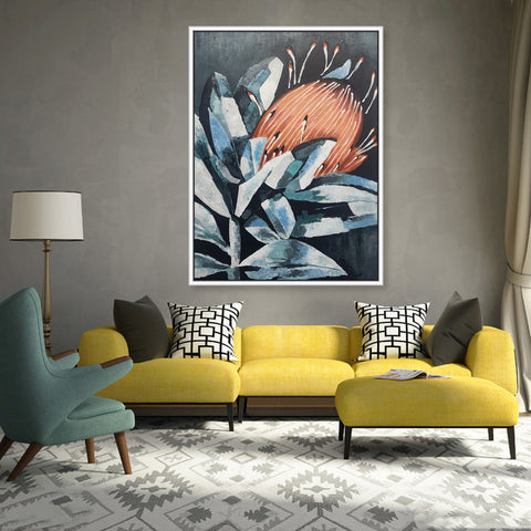 Protea on Black - Stunning Stylized Depiction of a Protea Flower, Size 90x120cm and Finished with a White Frame