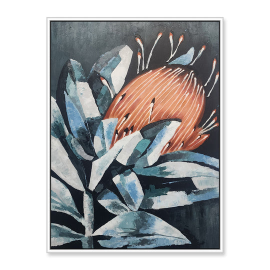 Protea on Black - Stunning Stylized Depiction of a Protea Flower, Size 90x120cm and Finished with a White Frame