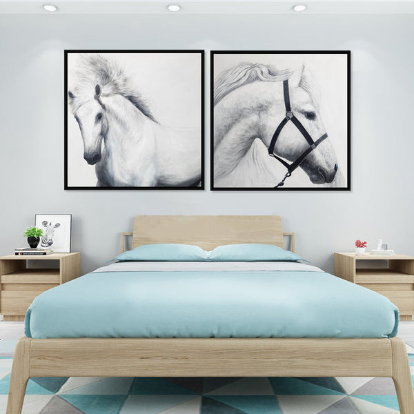 Equines - Stunning, Highly Detailed Portraits of White Horses, Set of Two Oil Paintings finished in a Black Frame, Size 90x90cm Each