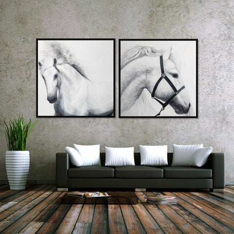 Equines - Stunning, Highly Detailed Portraits of White Horses, Set of Two Oil Paintings finished in a Black Frame, Size 90x90cm Each