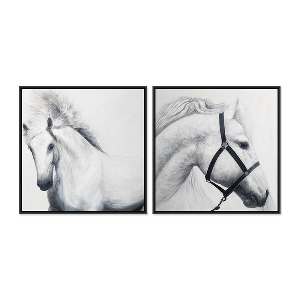 Equines - Stunning, Highly Detailed Portraits of White Horses, Set of Two Oil Paintings finished in a Black Frame, Size 90x90cm Each