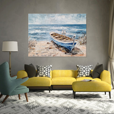 Boat by the Sea - Embellished Mixed Media Art - EA340 - 50x70cm