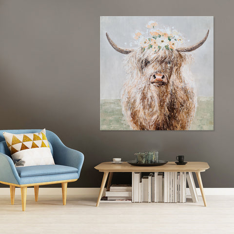 Daisy the Highland Cow - Embellished Mixed Media Art - EA346 - 60x60cm