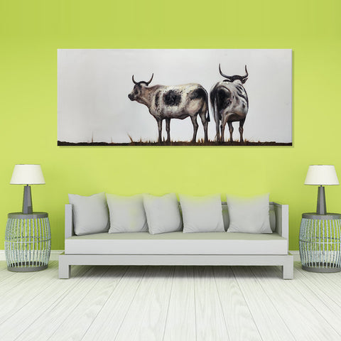 Majestic Pair: Horned Cows in Neutral Elegance - Hand Painted Art Size 70x170cm