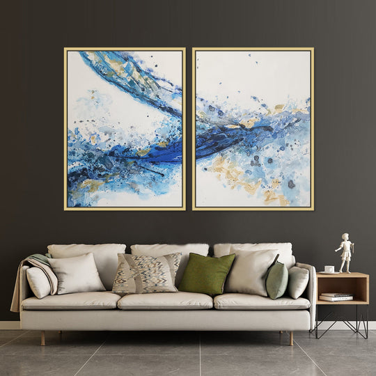 Blue Wake - Striking Modern Abstract Set of 2 Depicting Predominantly Blue and Yellow Tones, Each Fitted in an Oak Frame size 75x100cm