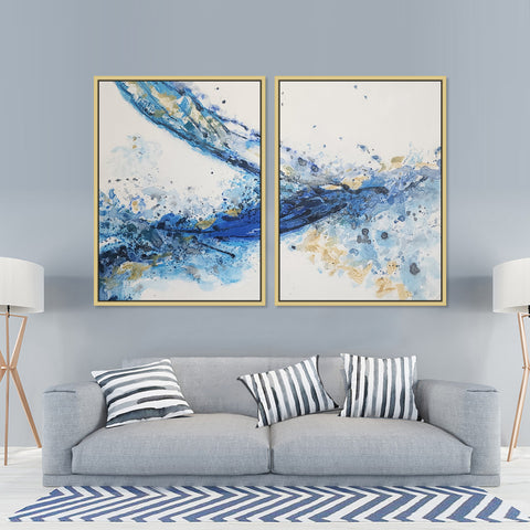 Blue Wake - Striking Modern Abstract Set of 2 Depicting Predominantly Blue and Yellow Tones, Each Fitted in an Oak Frame size 75x100cm