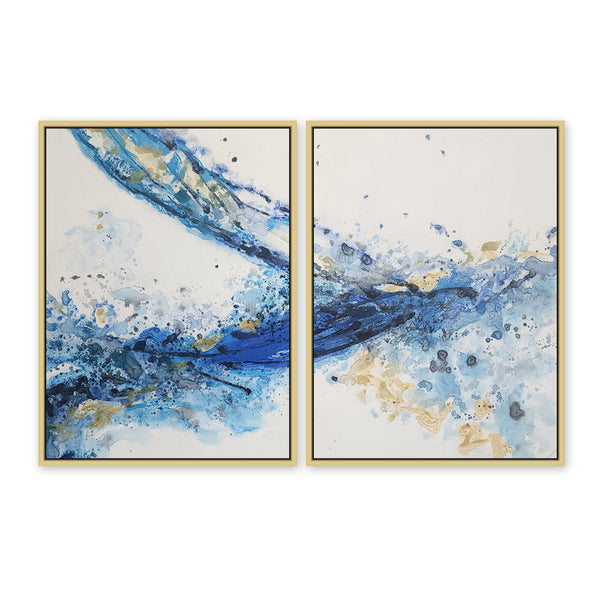 Blue Wake - Striking Modern Abstract Set of 2 Depicting Predominantly Blue and Yellow Tones, Each Fitted in an Oak Frame size 75x100cm