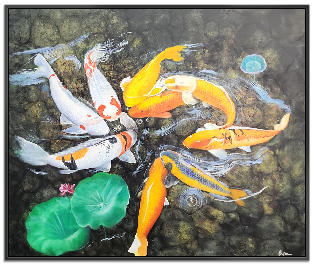 Koi Fish - Stunning, Highly Detailed Depiction of Koi Fish, finished with High Quality Black Frame, Size 100x120cm