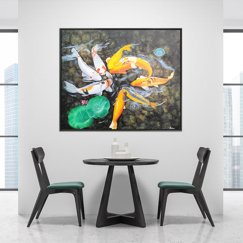 Koi Fish - Stunning, Highly Detailed Depiction of Koi Fish, finished with High Quality Black Frame, Size 100x120cm