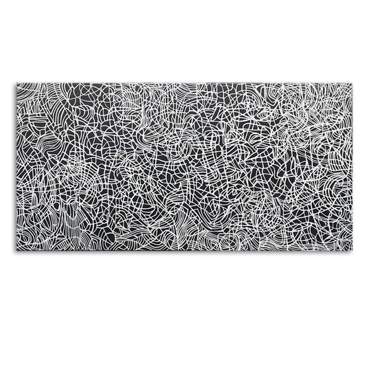 Lines of Trepidation - Striking Modern Abstract Art depicting a Flurry of Painted White Lines on a Black Background, size 100x200cm