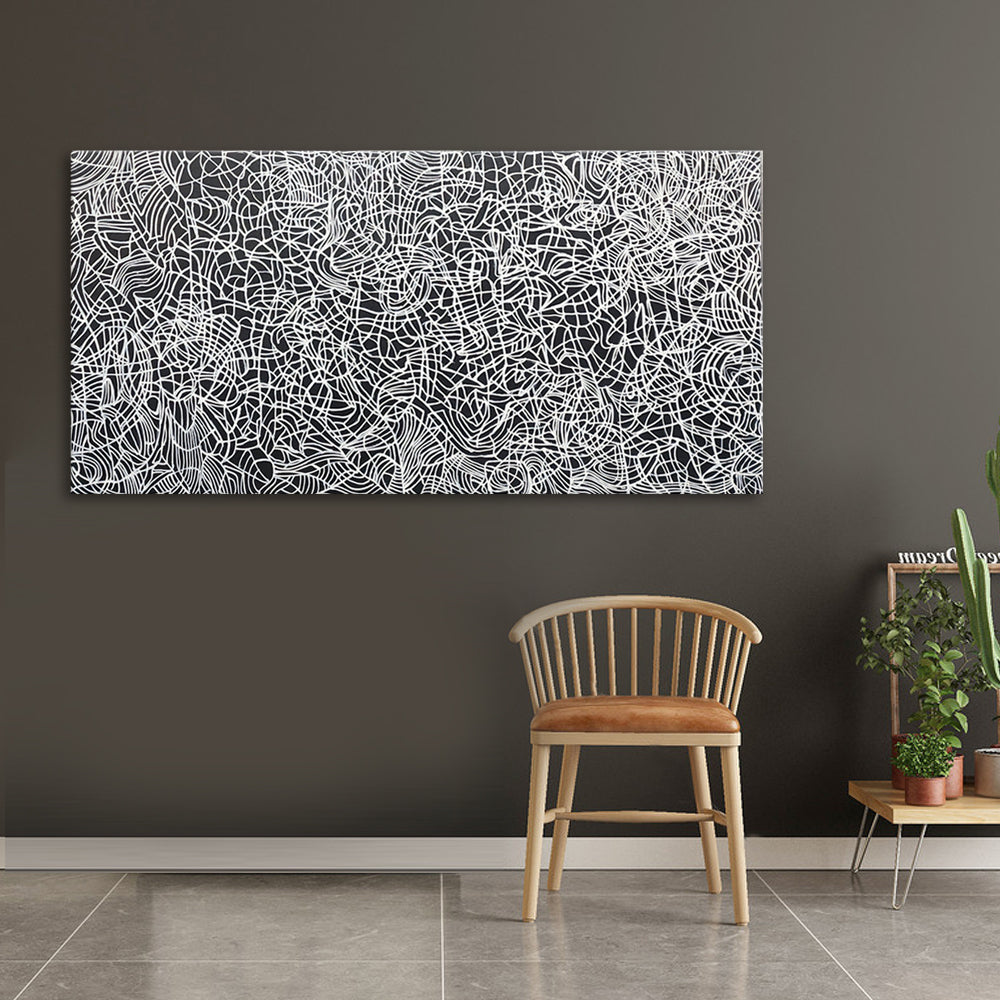 Lines of Trepidation - Striking Modern Abstract Art depicting a Flurry of Painted White Lines on a Black Background, size 100x200cm