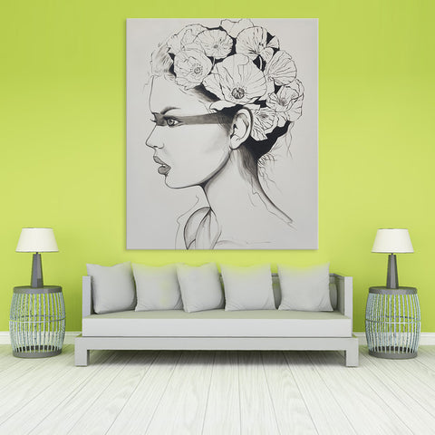 Tepid Grace - Beautiful Black and White Portrait of a Woman wearing a Floral Headdress, Size 100x120cm