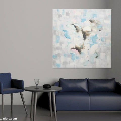 Tranquil Drift: Soft Blues and Grace - Hand Painted Art Size 100x100cm