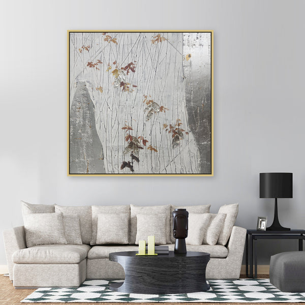 Silver Grove: Elegance in Line and Leaf - Hand Painted Art 100x100cm