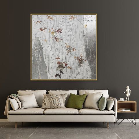 Silver Grove: Elegance in Line and Leaf - Hand Painted Art 100x100cm