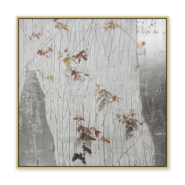 Silver Grove: Elegance in Line and Leaf - Hand Painted Art 100x100cm