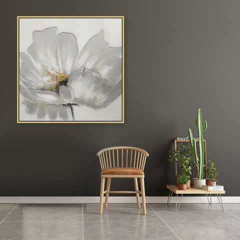 Silver Blossom: Elegance in Bloom - Hand Painted Art Size 100x100cm