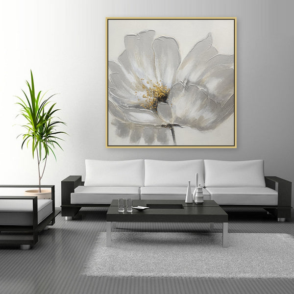 Silver Blossom: Elegance in Bloom - Hand Painted Art Size 100x100cm