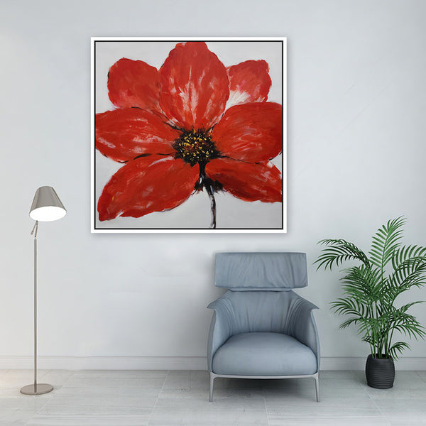 Crimson Bloom: A Stylized Blossom - Hand Painted Art Size 100x100cm