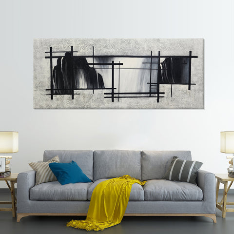 Framed Elements: Abstract Nature in Black and White - Hand Painted Art Size 70x170cm