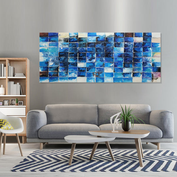 Tiled Essence: A Dance of Blue - Hand Painted Art Size 70x170cm