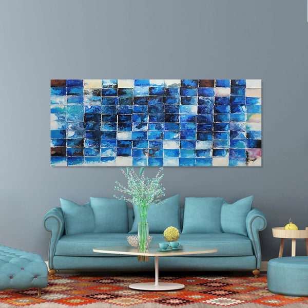 Tiled Essence: A Dance of Blue - Hand Painted Art Size 70x170cm