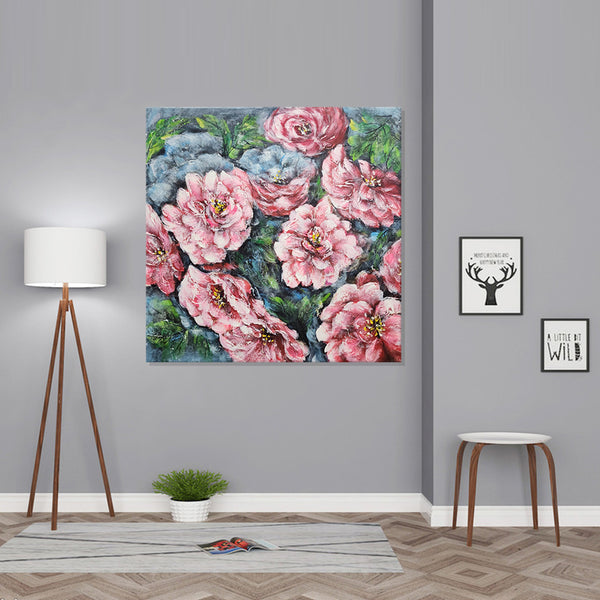 Above the Bloom: A Pink Floral Bouquet - Hand Painted Art Size 100x100cm