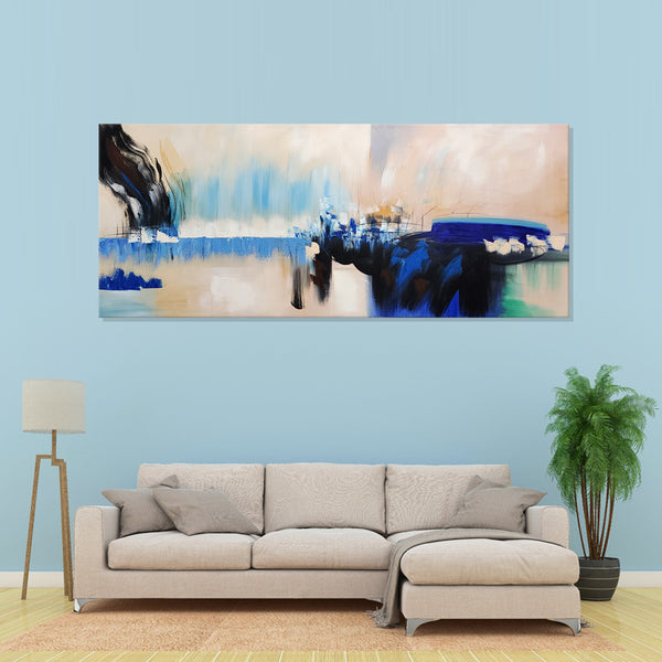 Dynamic Contrast: Black & Blue on Beige - Hand Painted Artwork Size 70x170cm