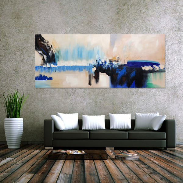 Dynamic Contrast: Black & Blue on Beige - Hand Painted Artwork Size 70x170cm