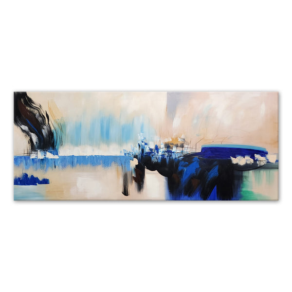 Dynamic Contrast: Black & Blue on Beige - Hand Painted Artwork Size 70x170cm