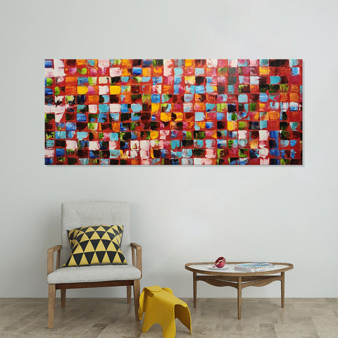 Vibrant Grid: A Tiled Tapestry - Hand Painted Art Size 70x170cm