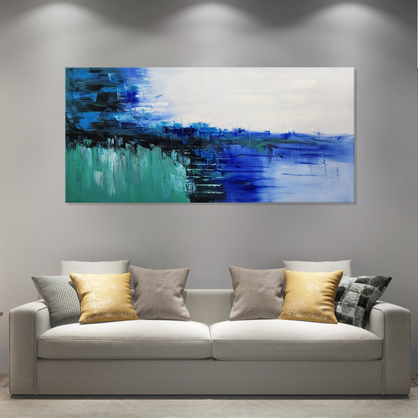 Textured Harmony: Green and Blue Abstraction - Hand Painted Art Size 70x150cm