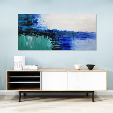 Textured Harmony: Green and Blue Abstraction - Hand Painted Art Size 70x150cm