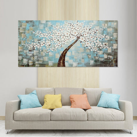 Blossoming Serenity: Textured White Blooms - Hand Painted Art Size 70x150cm