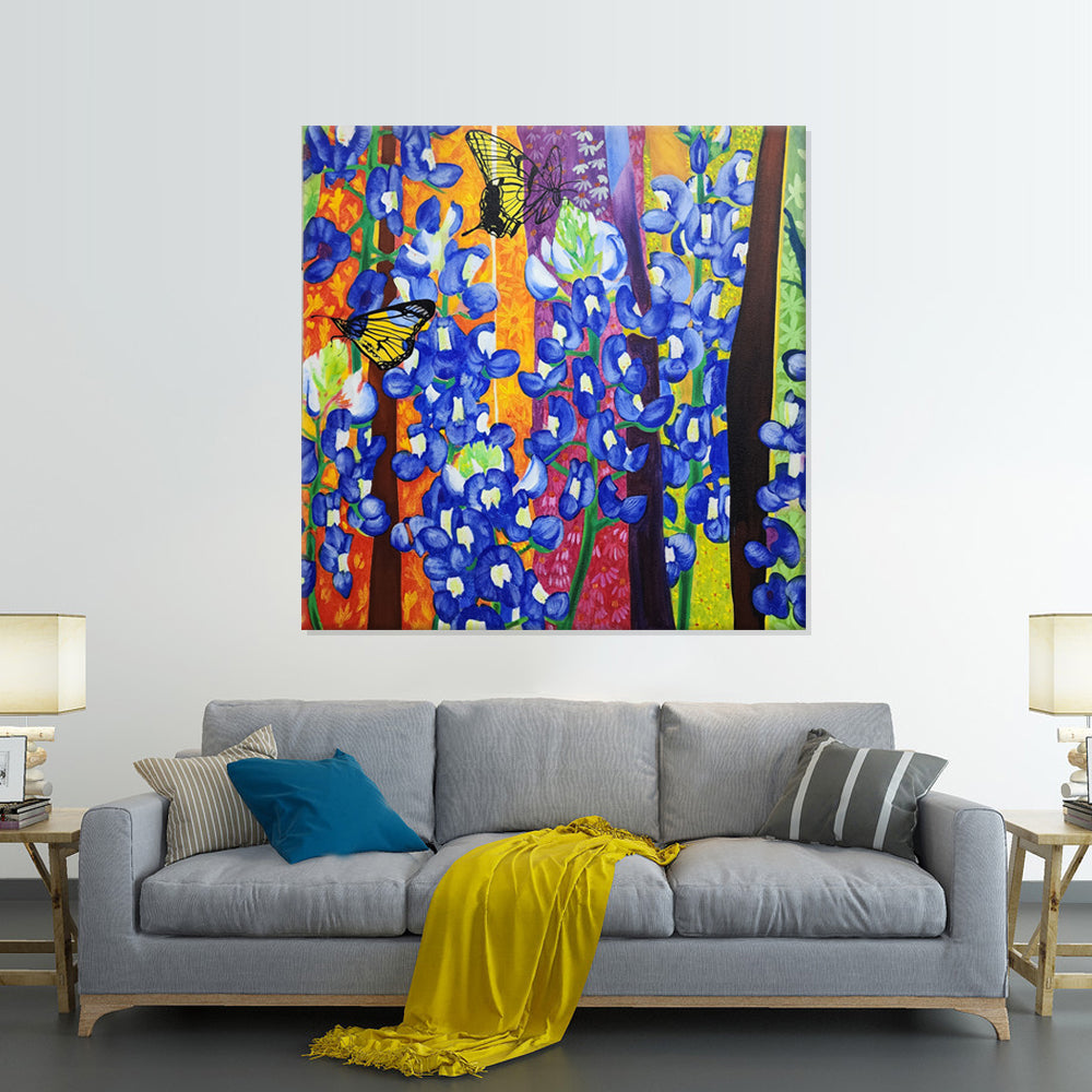 Butterflies in Bluebonnets - Hand Painted Art Size 90x90cm