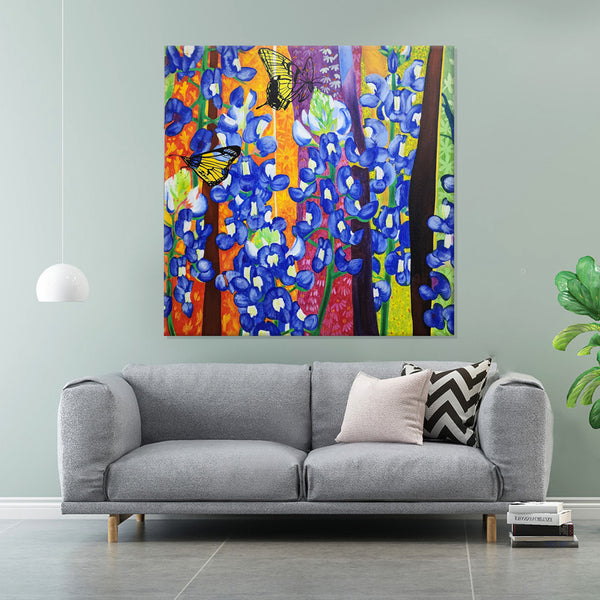 Butterflies in Bluebonnets - Hand Painted Art Size 90x90cm