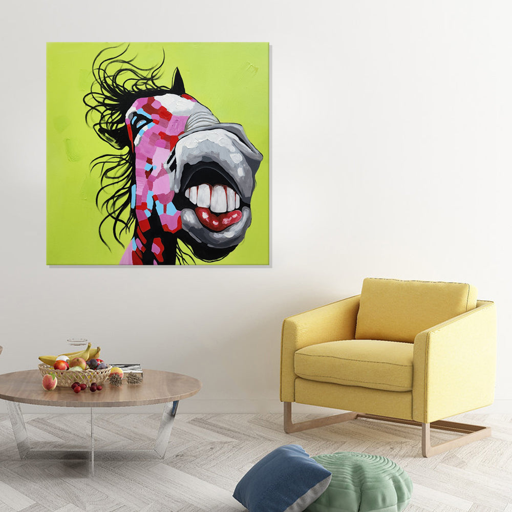 Cheerful Chaos - Hand Painted Art featuring a Stylized, Quirky Horse Portrait Size 90x90cm