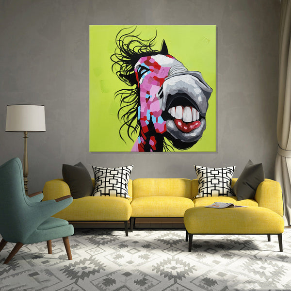 Cheerful Chaos - Hand Painted Art featuring a Stylized, Quirky Horse Portrait Size 90x90cm