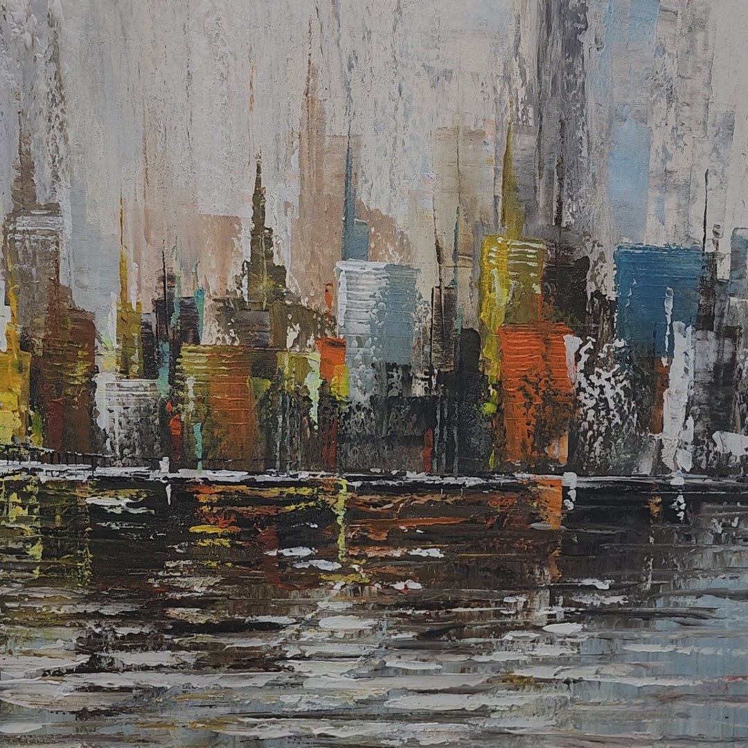 City Lights Reflections: Hand-Painted Urban Skyline, 80x150