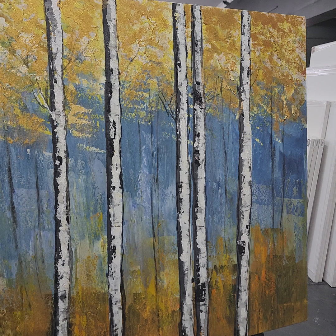 Golden Birch Serenity: Hand-Painted Textured Forest, Size 80x150