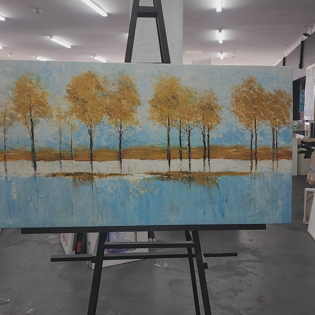 Golden Reflections: Serene Hand-Painted Landscape, Size 80x150