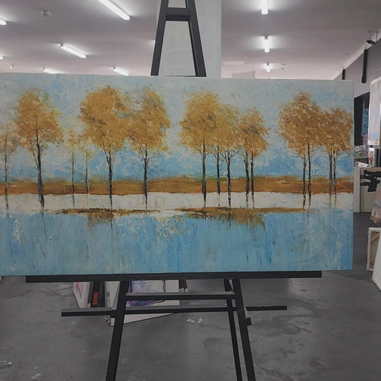 Golden Reflections: Serene Hand-Painted Landscape, Size 80x150