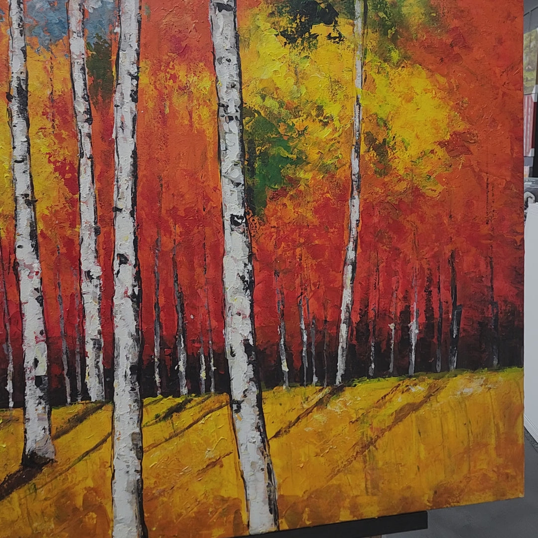 Autumn Radiance: Hand-Painted Birch Forest, Size 80x150