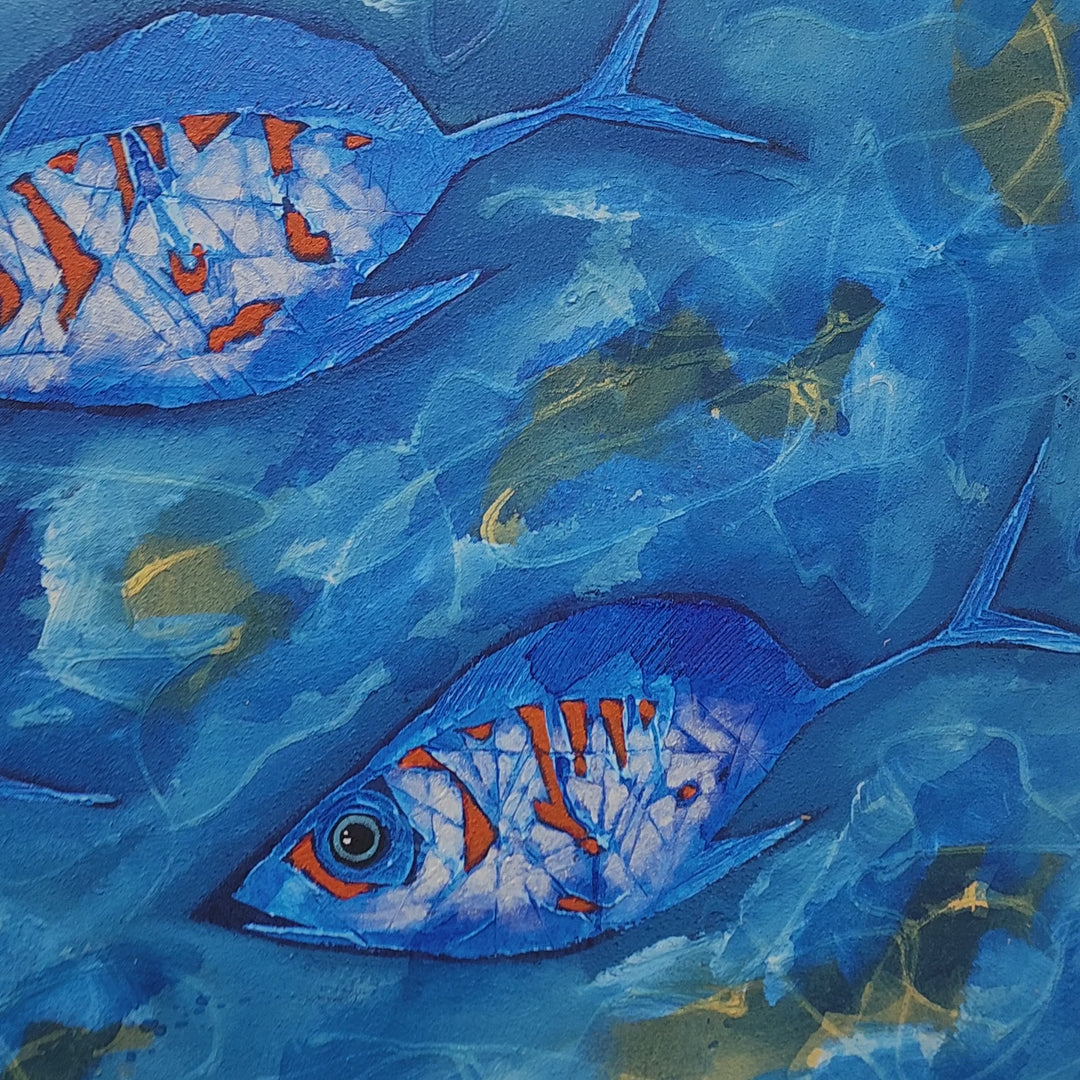 Ocean Drift: Hand-Painted Textured Fish Artwork, Size 80x150cm