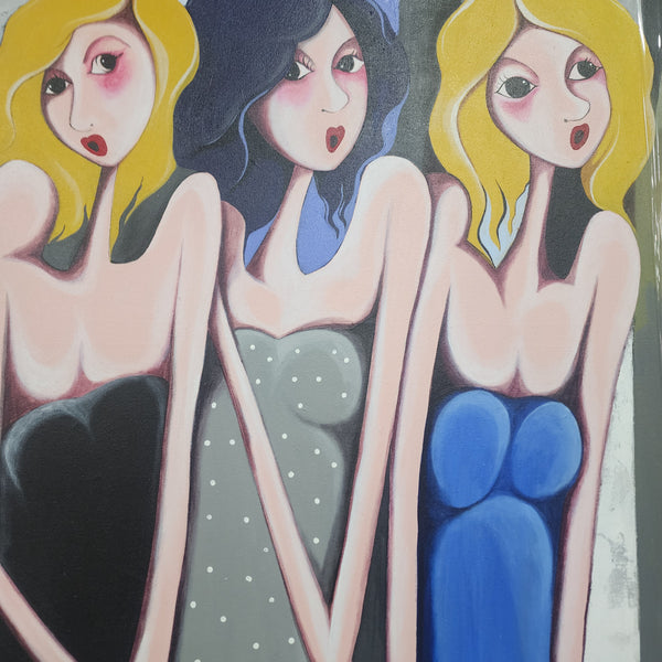 Tepid Divas - Quirky, Whimsical Painting Featuring Three Stylized Women At A Party, Size 100x120cm