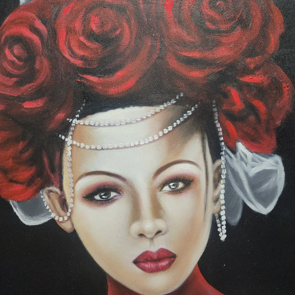 Scarlet Bouquet - Stunning, Detailed Portrait of a Beautiful Woman With a Red Floral Wreath, Size 100x120cm