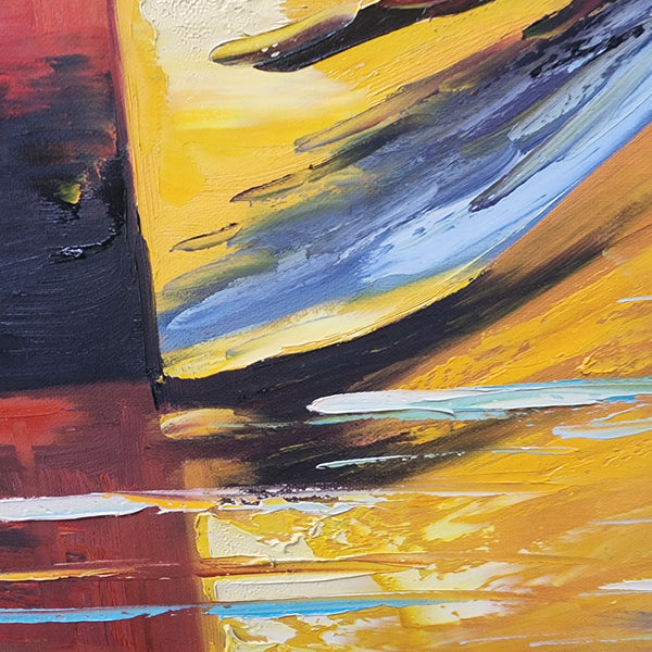 Two Boats - Stunning, Textural Palette Knife Painting of a Red and Yellow Boat in a Lake, Size 100x130cm, finished with an Oak Coloured Shadow Frame